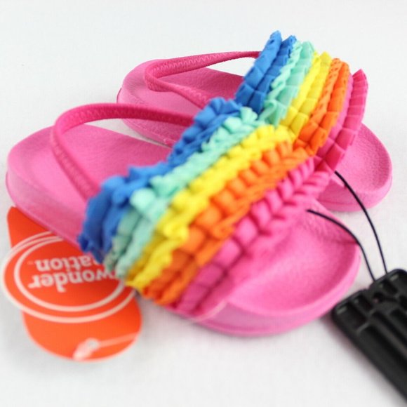 Wonder Nation Ruffle Slide Sandals Baby Girl Size 5,6 Rainbow Pink Ankle Straps - Picture 2 of 5